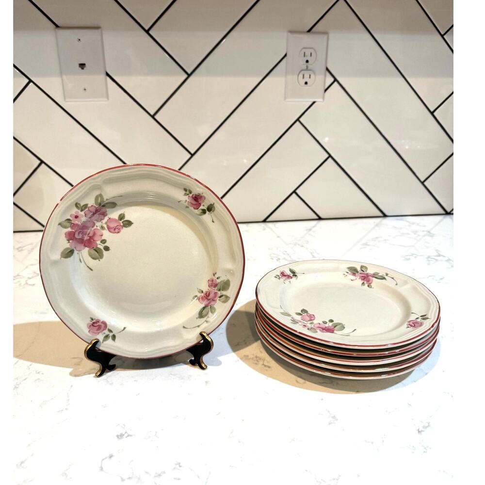 vintage Gibson Roseland stoneware salad desert plates off white pink flowers x6